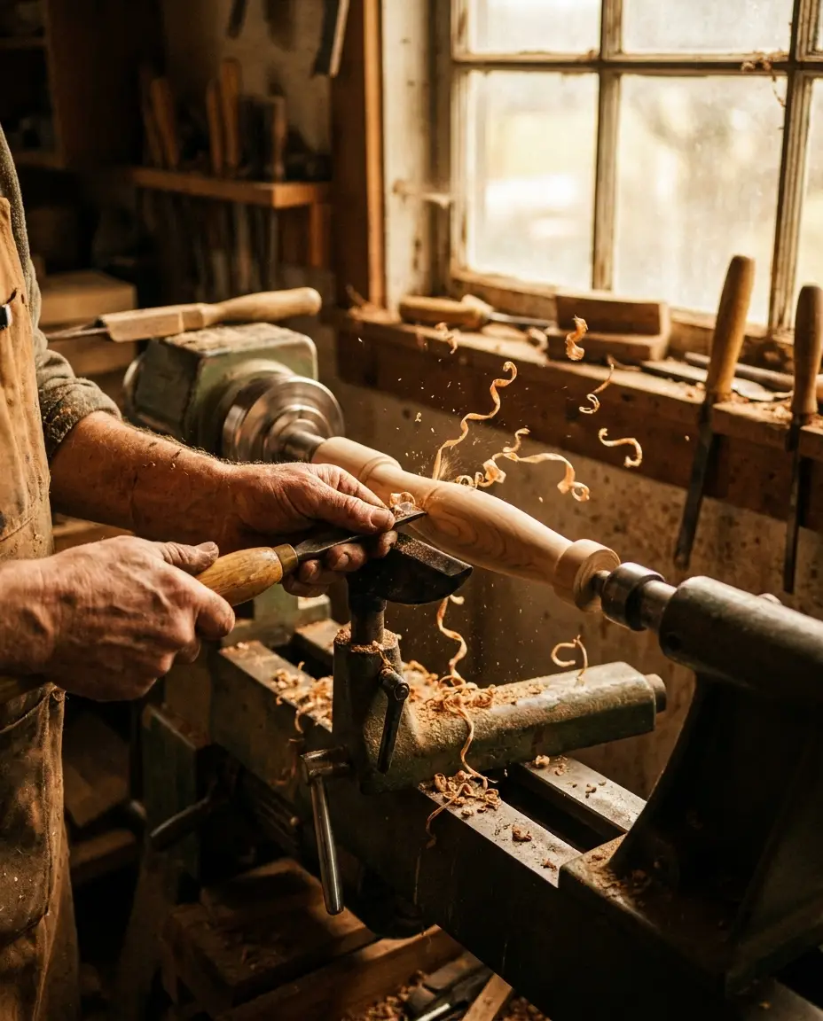 Artisan turning a tool handle on a lathe in a warm workshop