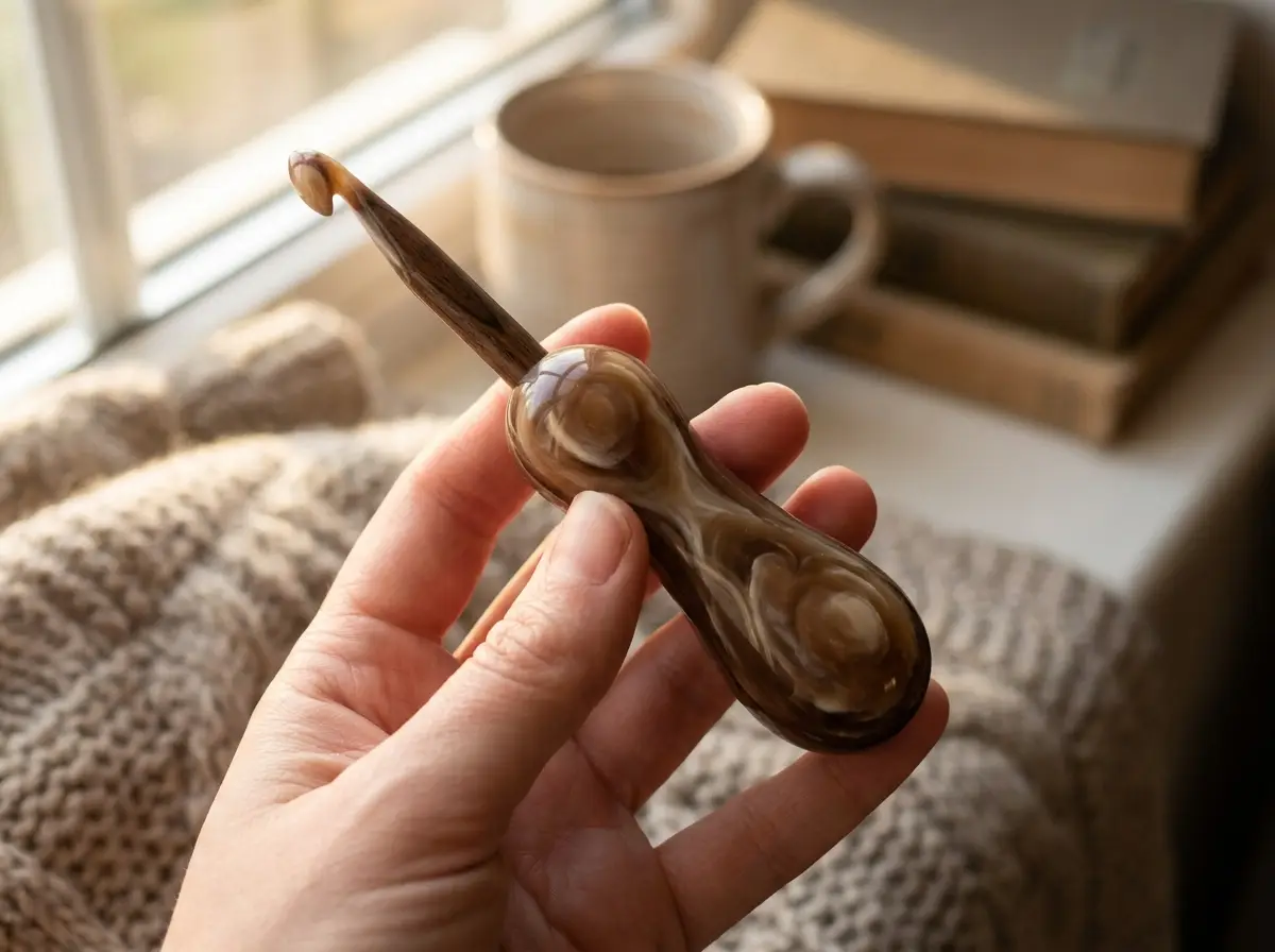 Hand holding a weighted arthritis-friendly crochet hook