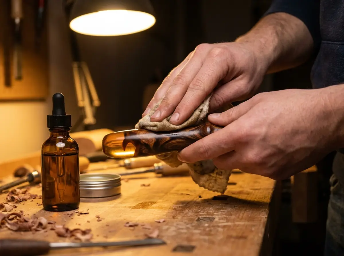 Applying conditioning oil to a finished handmade handle
