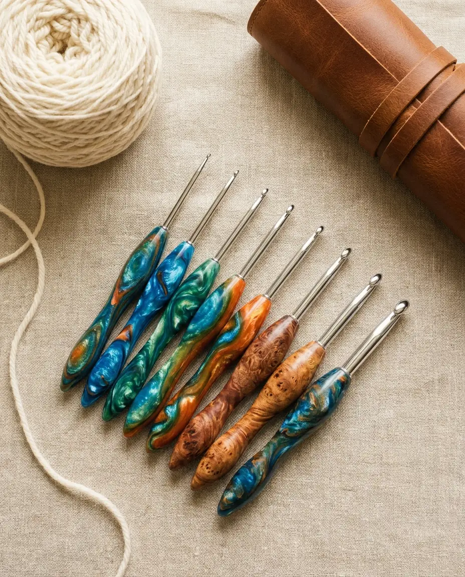 Handmade crochet hook set with resin and burl handles on linen