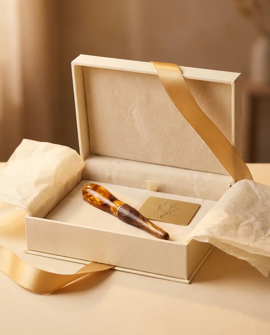 Boxed handmade gift set with ribbon and engraved brass nameplate