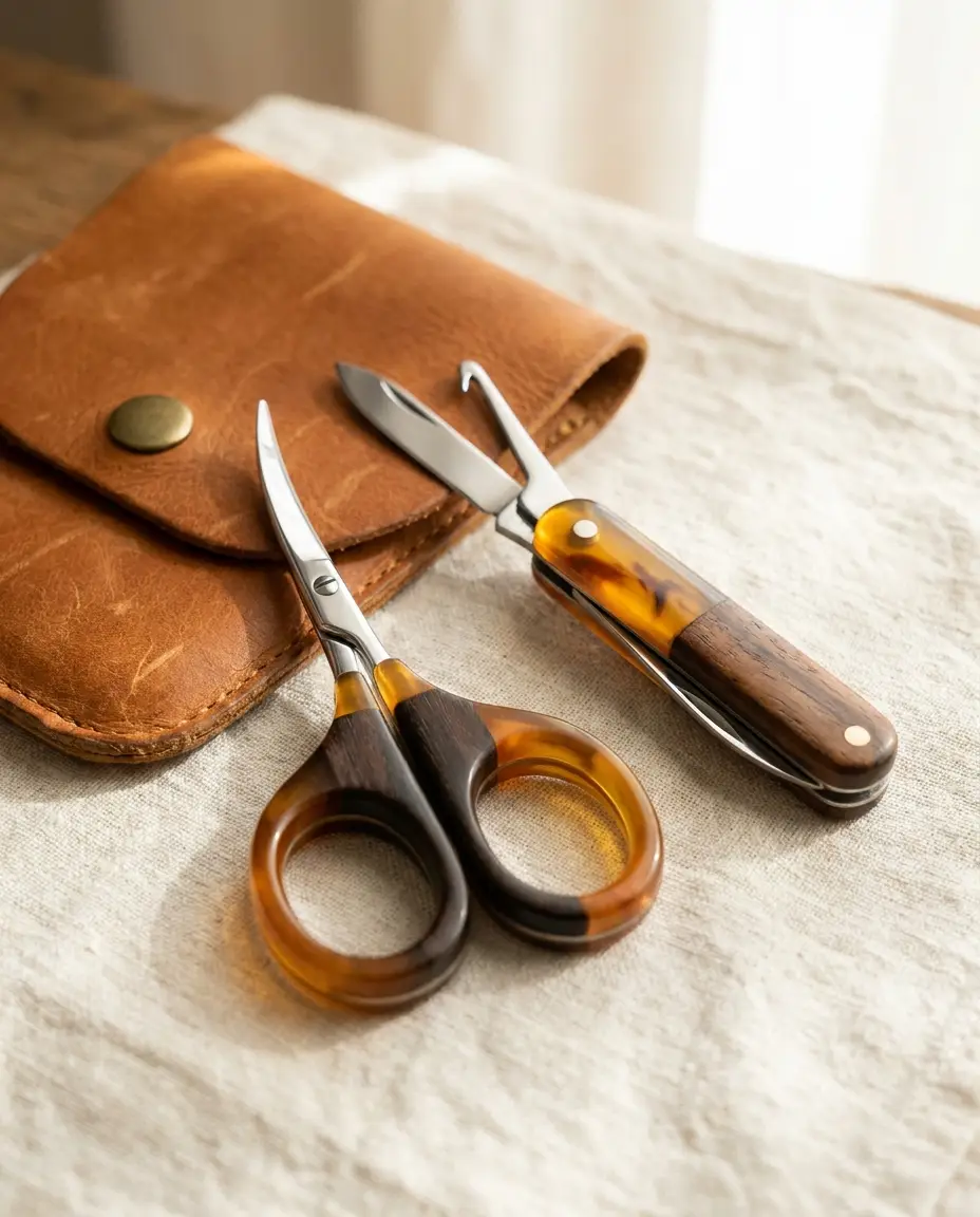 Handmade mini scissors and travel tools on linen