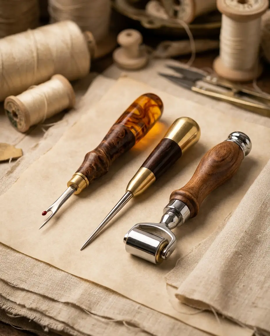 Handmade seam rippers and stilettos on parchment