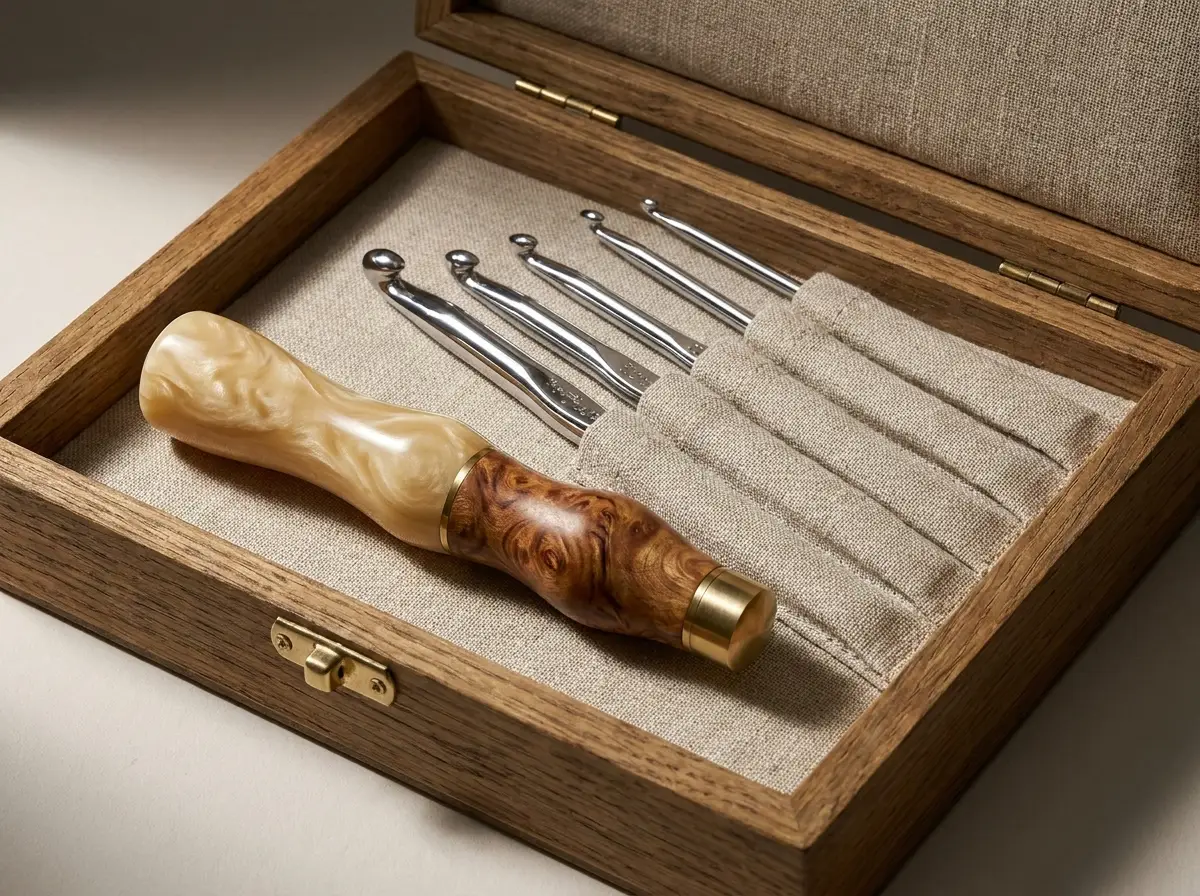 Interchangeable handmade crochet hook set in a linen-lined case