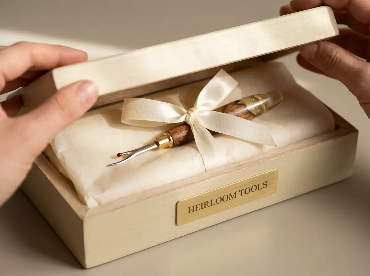 Handmade craft tool in a keepsake gift box with ribbon and engraved nameplate