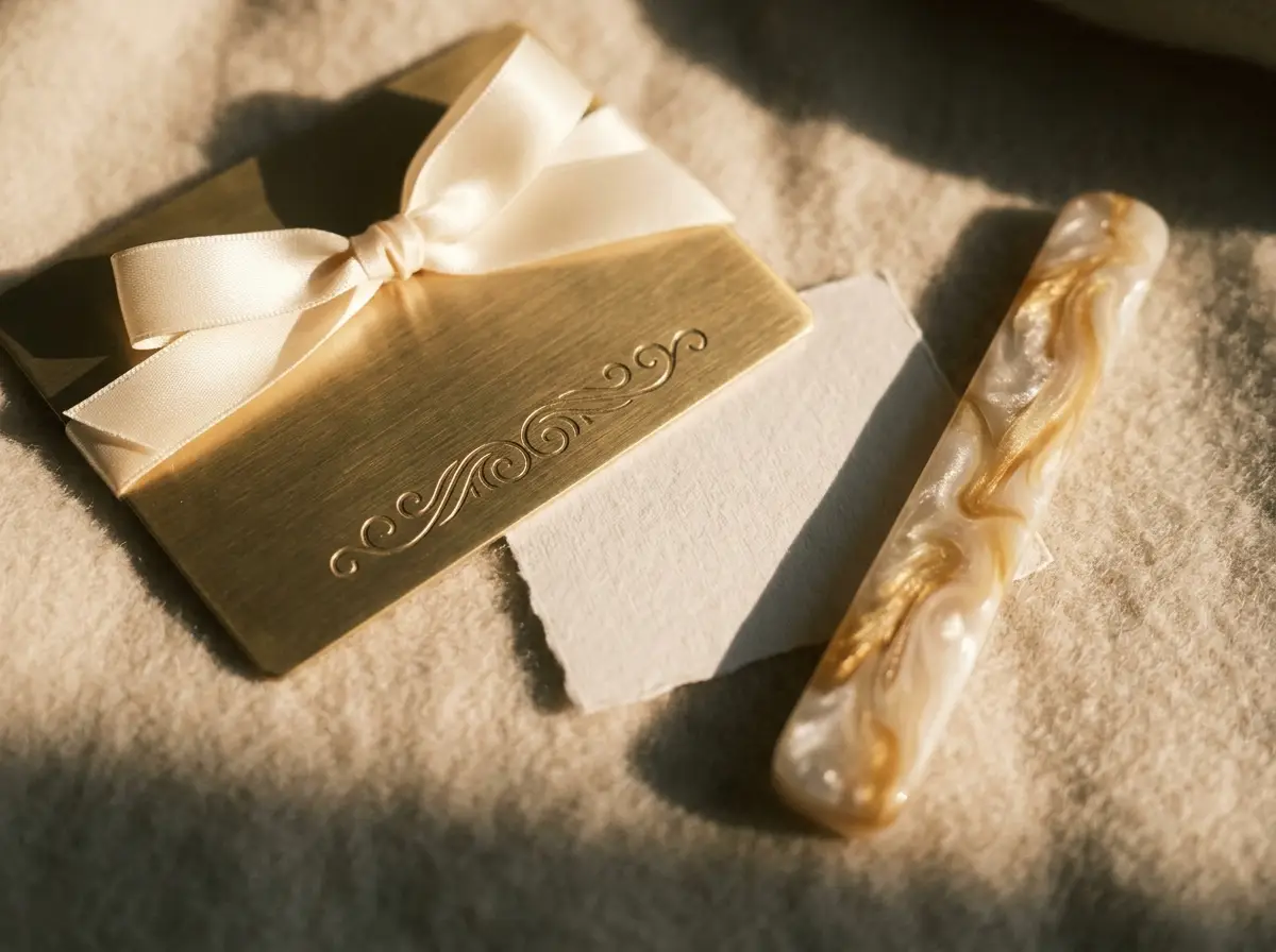 Engraved brass nameplate, ribbon and handwritten note