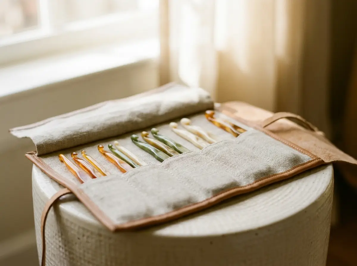 Rolled linen and leather crochet hook case