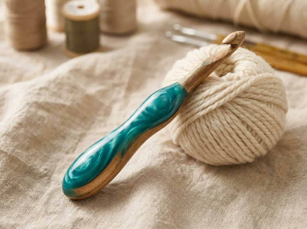 Jumbo handmade crochet hook with teal resin handle