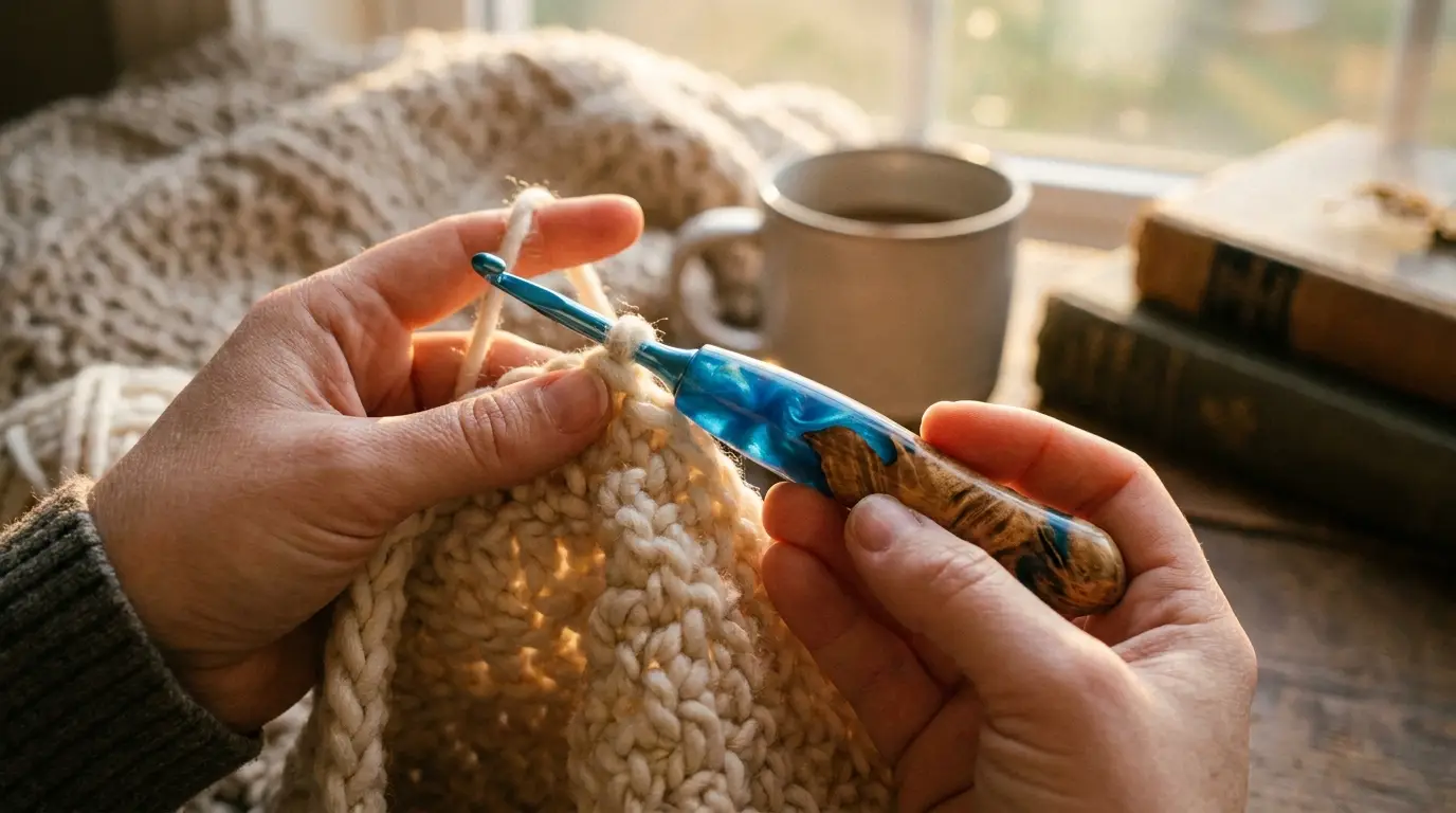 Hands crocheting with a handmade Filum Arts hook in warm light