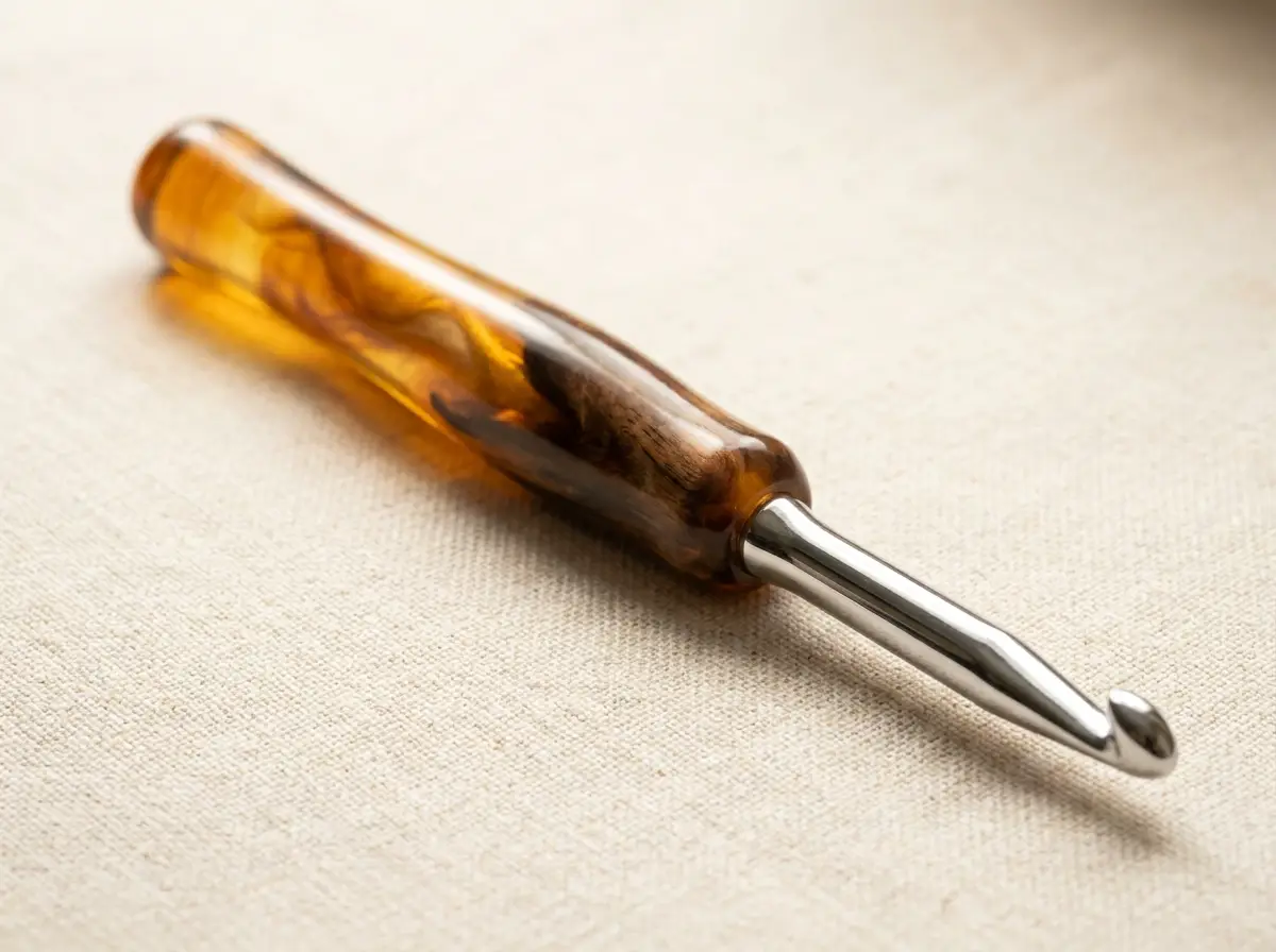 Single handmade crochet hook with amber resin and walnut handle