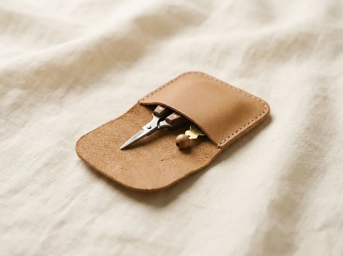 Mini scissors and threader in a leather travel pouch
